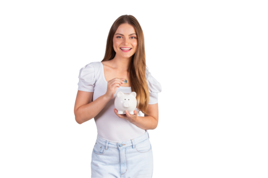 Blonde brazilian woman holding piggy bank and coin. - Powered by Adobe