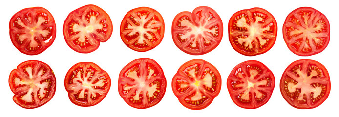set of isolated illustrations of red tomato slices. Created with Generative AI