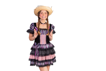 Blonde Brazilian woman, June party clothes, arraial. good luck, fingers crossed.