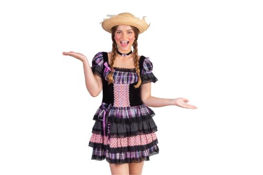 Blonde Brazilian woman, June party clothes, arraial. Open arms.