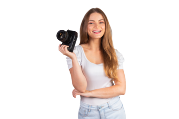 Blonde Brazilian woman with camera in hand.
