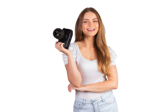 Blonde Brazilian woman with camera in hand.