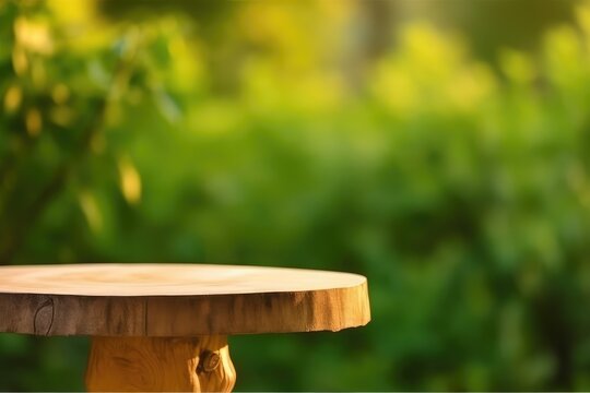 Empty Round Wooden Table Spring Time Blossoms With Green Nature Background Generative AI