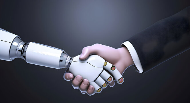 Robot and businessman in handshake. Concept of human robot relationships. AI generated image.