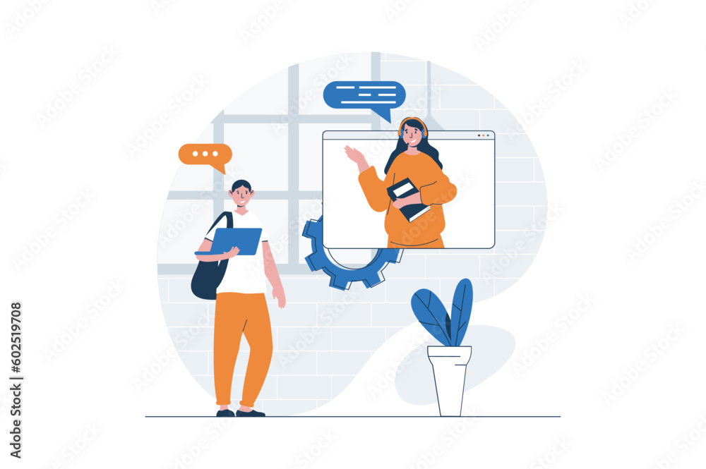 Poster Customer support web concept with character scene. Woman helping client and communicating via video chat. People situation in flat design. Vector illustration for social media marketing material.