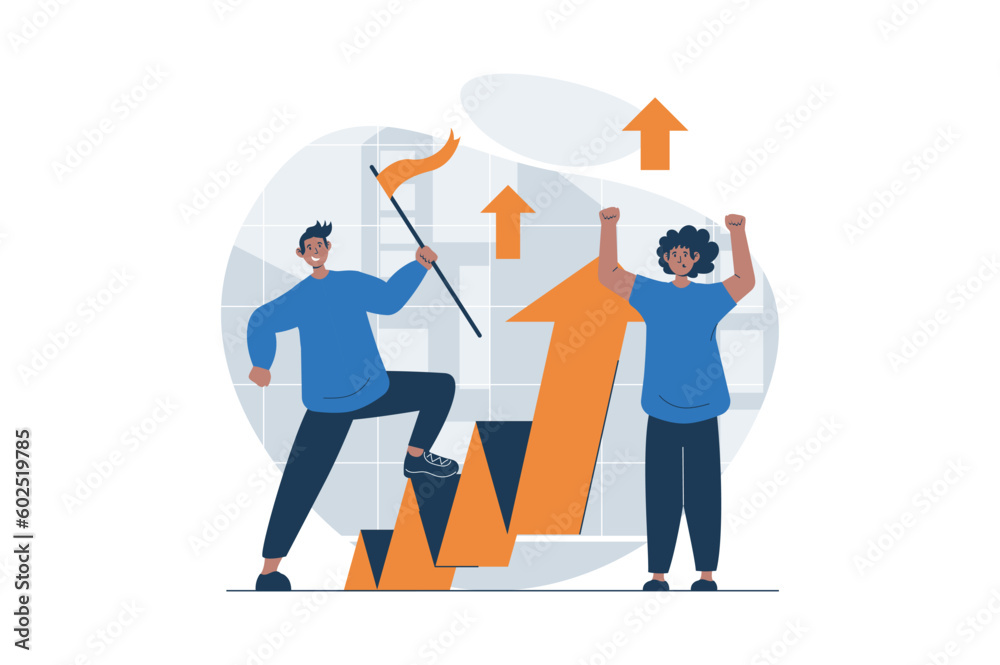Aufkleber Teamwork web concept with character scene. Men working together, developing project and growing incomes. People situation in flat design. Vector illustration for social media marketing material.