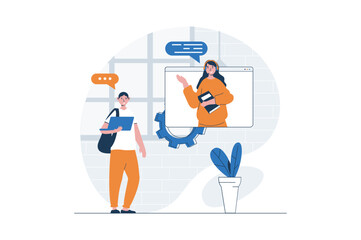 Customer support web concept with character scene. Woman helping client and communicating via video chat. People situation in flat design. Vector illustration for social media marketing material.