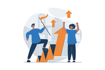 Teamwork web concept with character scene. Men working together, developing project and growing incomes. People situation in flat design. Vector illustration for social media marketing material.