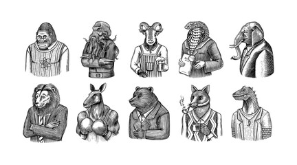 Grizzly Bear, Octopus, t-rex dinosaur, Elephant, Indian cobra snake, Fox with a smoking pipe, lion, Monkey scientist Goat with beer. Gentleman Fashion animal character in a suit. Hand drawn sketch.