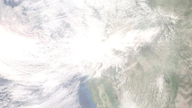 Earth zoom in from outer space to city. Zooming on Springfield, Oregon, USA. The animation continues by zoom out through clouds and atmosphere into space. Images from NASA