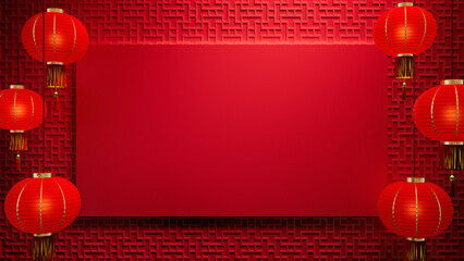 Red Asian Design Template featuring Rectangle Frame and Lanterns  with copy-space. Lunar New Year Background with 3D Pattern.