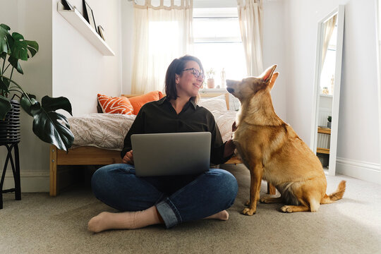 Freelancer with laptop sitting cross-legged by dog at home