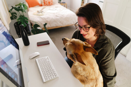 Freelancer with dog sitting at desk in home office