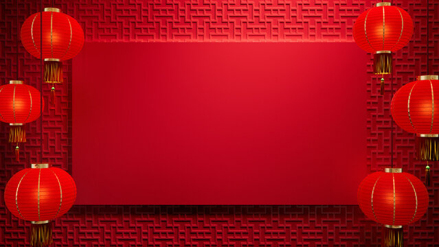 Red Asian Design Template featuring Rectangle Frame and Lanterns  with copy-space. Lunar New Year Background with 3D Pattern.