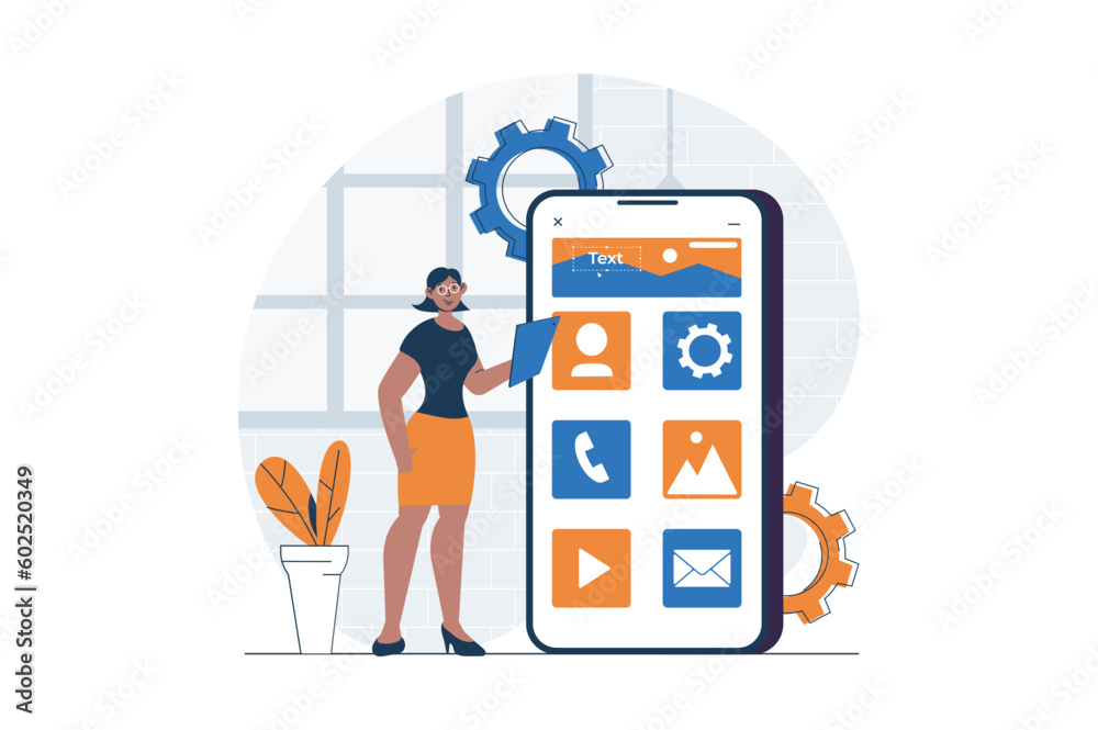 Wall mural ui ux development web concept with character scene. woman making wireframe template for mobile appli