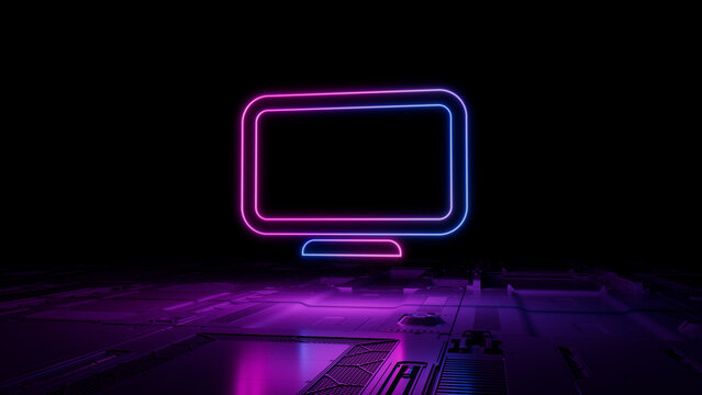Pink and Blue neon light Monitor icon. Vibrant colored Display technology symbol, on a black background with high tech floor. 3D Render