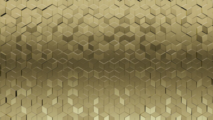 Glossy, 3D Mosaic Tiles arranged in the shape of a wall. Diamond Shaped, Luxurious, Blocks stacked to create a Gold block background. 3D Render