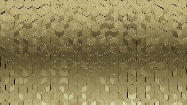 Glossy, 3D Mosaic Tiles arranged in the shape of a wall. Diamond Shaped, Luxurious, Blocks stacked to create a Gold block background. 3D Render