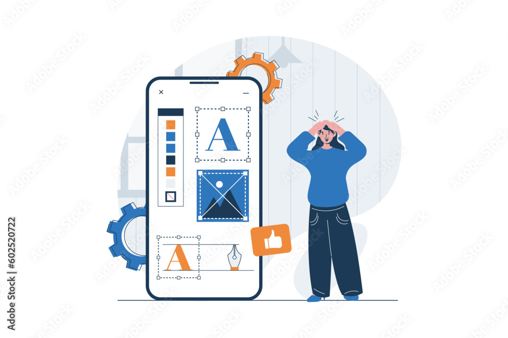 Poster web design concept with character scene. woman creating mobile layouts, drawing graphic elements wit
