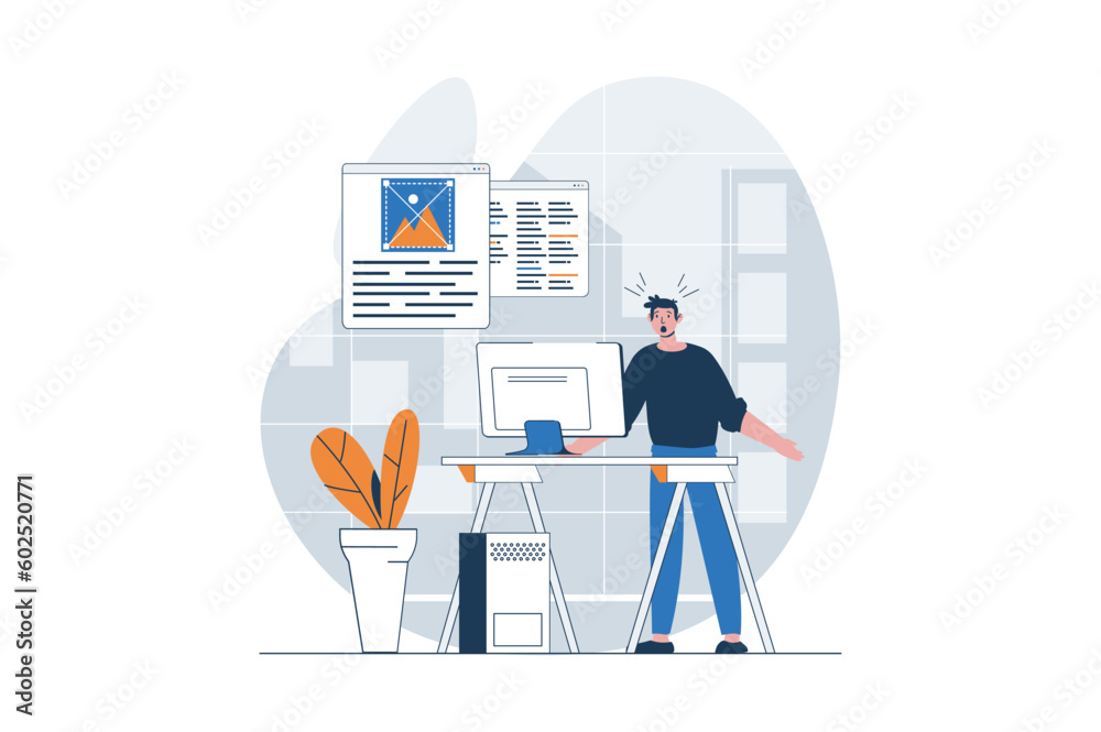 Poster web design concept with character scene. man creating layouts and working with code, making optimiza