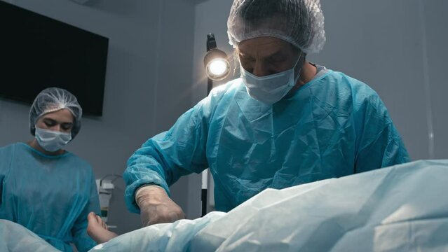 Female assistant giving instruments to mature male surgeon during knee replacement operation