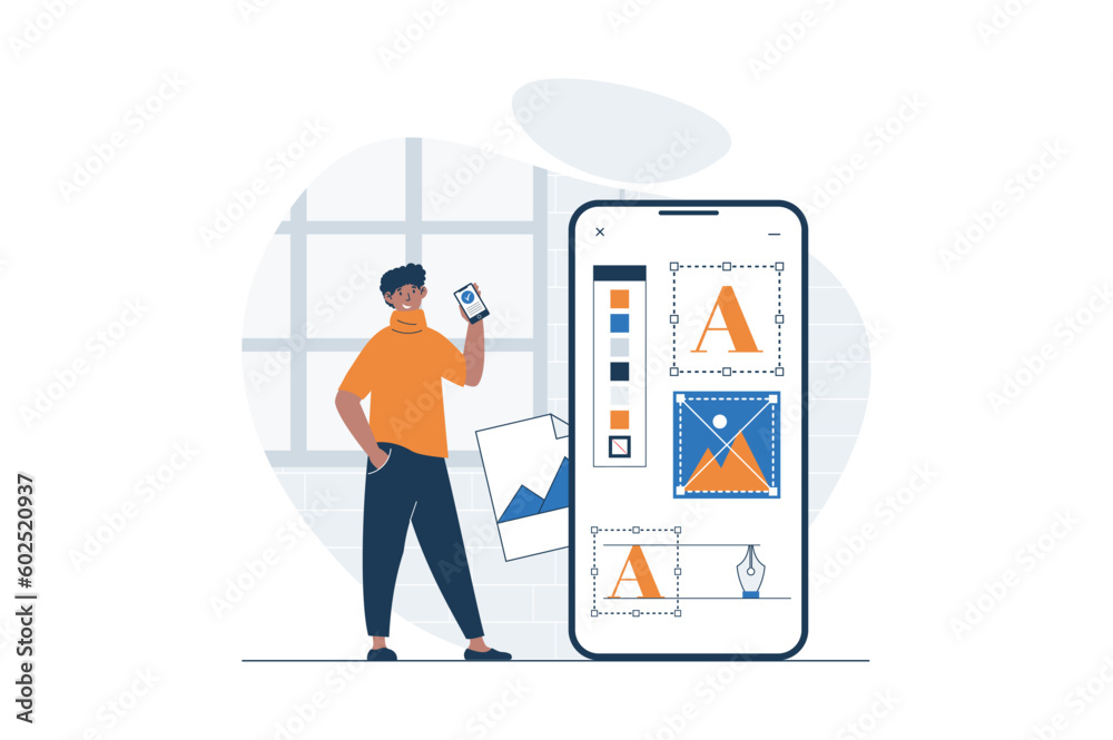 Poster Web development concept with character scene. Man creating elements and colours for developing mobile layout. People situation in flat design. Vector illustration for social media marketing material.