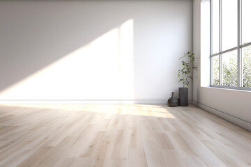 Creative interior concept. Abstract white light room and oak wooden flooring with interesting light shadow from window. Template for product presentation. Mock up 3D rendering	