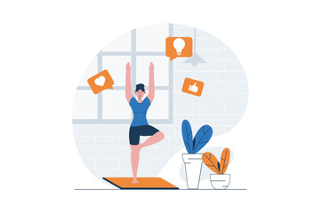 Yoga asanas concept with character scene. Woman practising yoga postures, stretching and training strong body. People situation in flat design. Vector illustration for social media marketing material.
