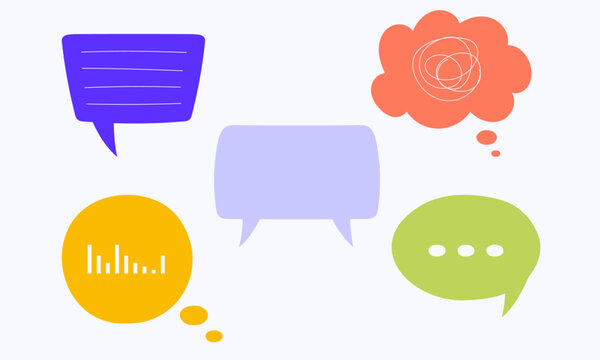 Hand drawn colorful speech bubbles. Modern concept of communication. Vector geometric shapes. Abstract isolated symbols of conversation, rhetoric, discussion. Business meeting, bubbles for text