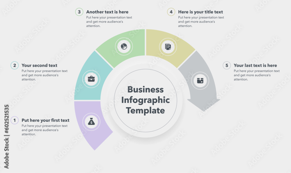 Aufkleber business infographic template with five colorful steps. flat diagram divided into five sections with