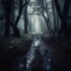 Pathway through Spooky and Gloomy Forest. Generative AI