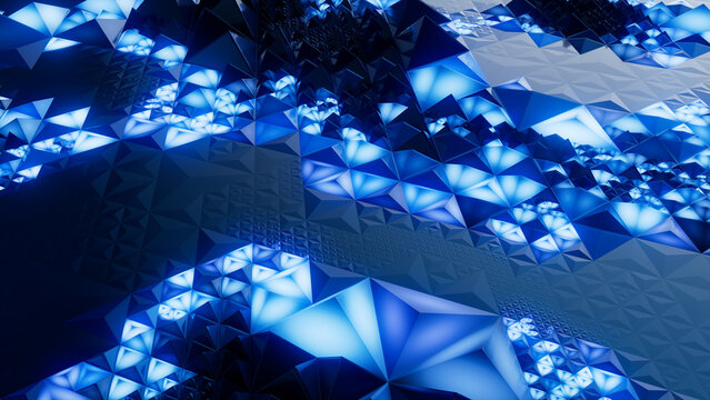 Neon Modern Surface with Triangular Pyramids. Illuminated, Blue Abstract 3d Texture.