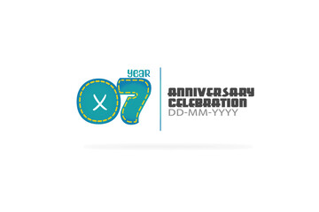 7th, 7 years, 7 year anniversary celebration fun style green and blue colors on white background for cards, event, banner-vector