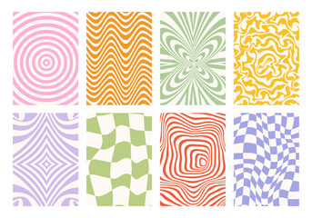 Big set of isolated wavy pattern, optical illusion. Abstract psychedelic background. 1970s Retro pattern groovy trippy. Striped background for fabrics, paper, packaging. Vector Illustration