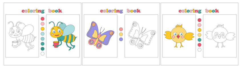 Cute butterfly, bee and chicken. Drawing for coloring. Coloring book page template for kids. Coloring book with flower samples for youngest. Children Education. Vector