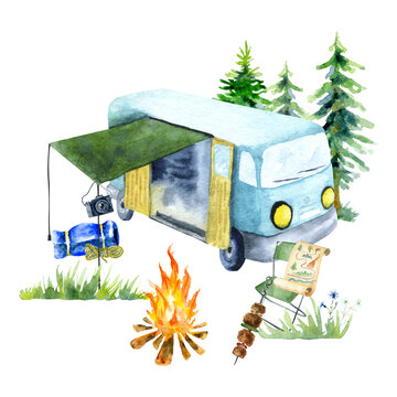 Watercolor illustration of motorhome in nature on a white background.