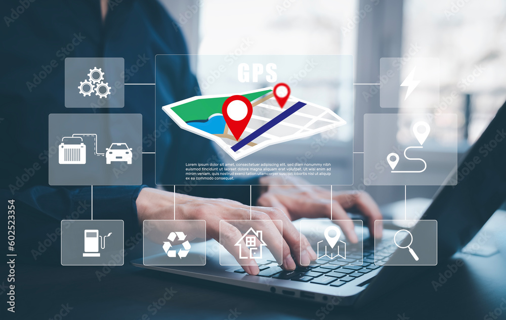 Fototapete man using smartphone with virtual world and model map with location point, gps app, icon travel maps