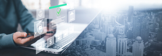 Online payment with digital marketing, Smartphone with banking online bill payment Approved concept button, credit card and network connection icon on business technology virtual screen background