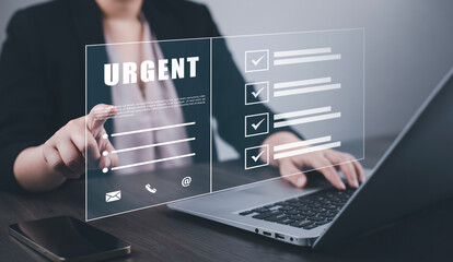 Urgent in Discovery Investigation Concept, checklist, and clipboard task documentation management, business people working laptop checklist questionnaire assessment form online survey.