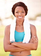 Fitness, black woman and portrait with arms crossed from exercise and sport. Workout, African person smile and female face feeling healthy and happy from sports training and wellness empowerment
