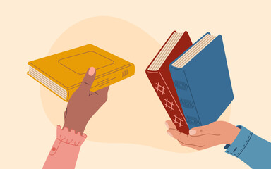Book exchange or book crossing concept. Human hands swap literature. Hand drawn vector illustration isolated on light background, flat cartoon style. - obrazy, fototapety, plakaty