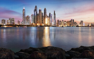 Marina in Dubai from Palm Jumeriah at night, UAE