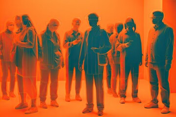 Obraz premium A group of people wearing protective masks to avoid viruses, orange tone silhouettes. Generative AI