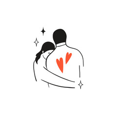 Hugging people. Line portrait. Man and woman couple in love, romantic relationships. Icons with boyfriend and girlfriend together. Valentine day or wedding card. Vector isolated illustration