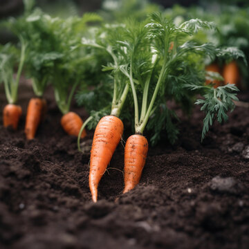 Carrots with green tops in the dirt and one with the number 2 on it., ai generated.