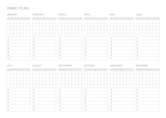 A year goal plan template with a simple and minimal style. Note, scheduler, diary, calendar planner document template illustration.