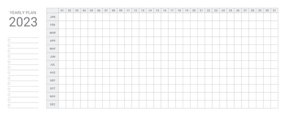 This is a simple, minimalist style annual planner with a year 12 month calendar for 2023. Note, scheduler, diary, calendar planner document template illustration.