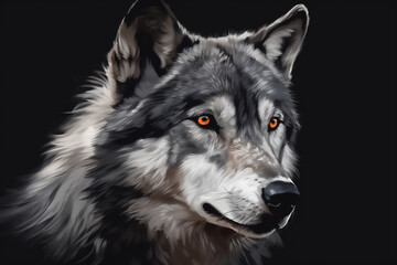 Fototapeta premium Watercolor colorful art portrait of wolf isolated on black background. Generative AI illustration.