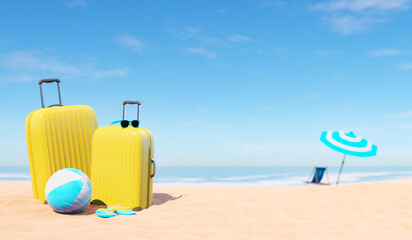 Suitcases with beach accessories on sandy seashore on summer day