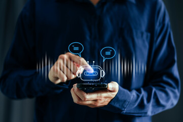 Chatbot chat AI concept, artificial intelligence Businessman using AI smart robot technology inputting commands  Futuristic technology transformation.